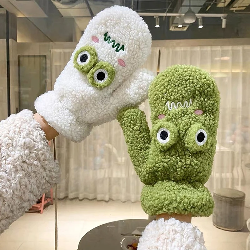 

Перчатки женские с вышивкой лягушки, мягкие плюшевые теплые митенки без пальцев, уличные теплые варежки из овечьей шерсти для девушек и студентов