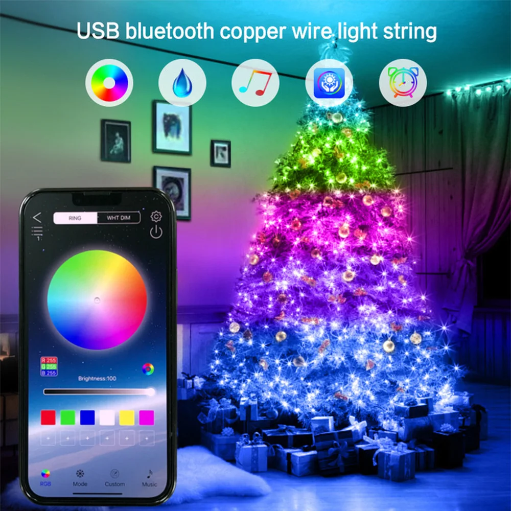 

Рождественская гирлянда с Bluetooth, разноцветная гирлянда RGB, украшения для рождественской елки, домашний новогодний декор светодиодный свето...