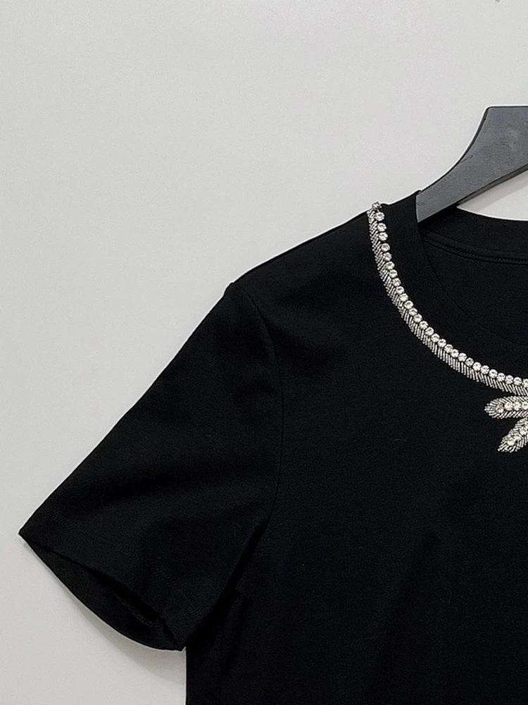 

2022 Spring and Summer New T-shirt 100% Cotton Diamonds Decorated Collar Dragonfly Women T-shirt