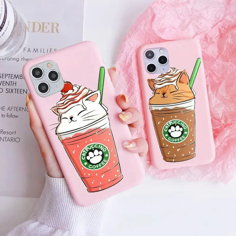 

Cartoon Cute Chocolate Coffee Cat Capuccino Boba Milk Tea phone Case For iPhone 11 12 13 14 Mini Pro MAX 8 7s X XR Color Cover