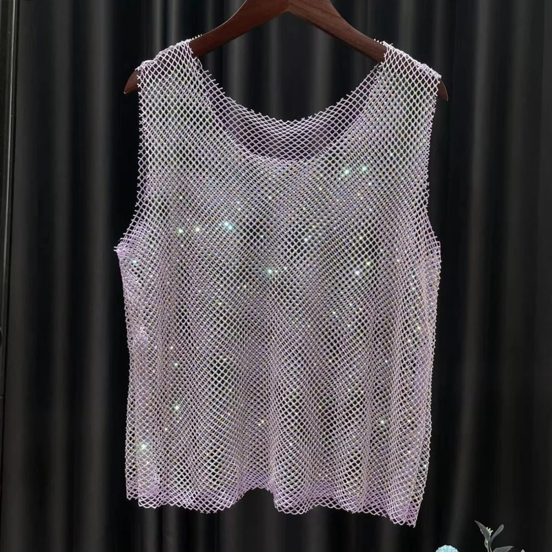 

Women's Summer Thin Flash Diamond Mini Tank Top Mesh Shirt Bling Suspender New Cut Out Top for Ladies Tank Tops 2023
