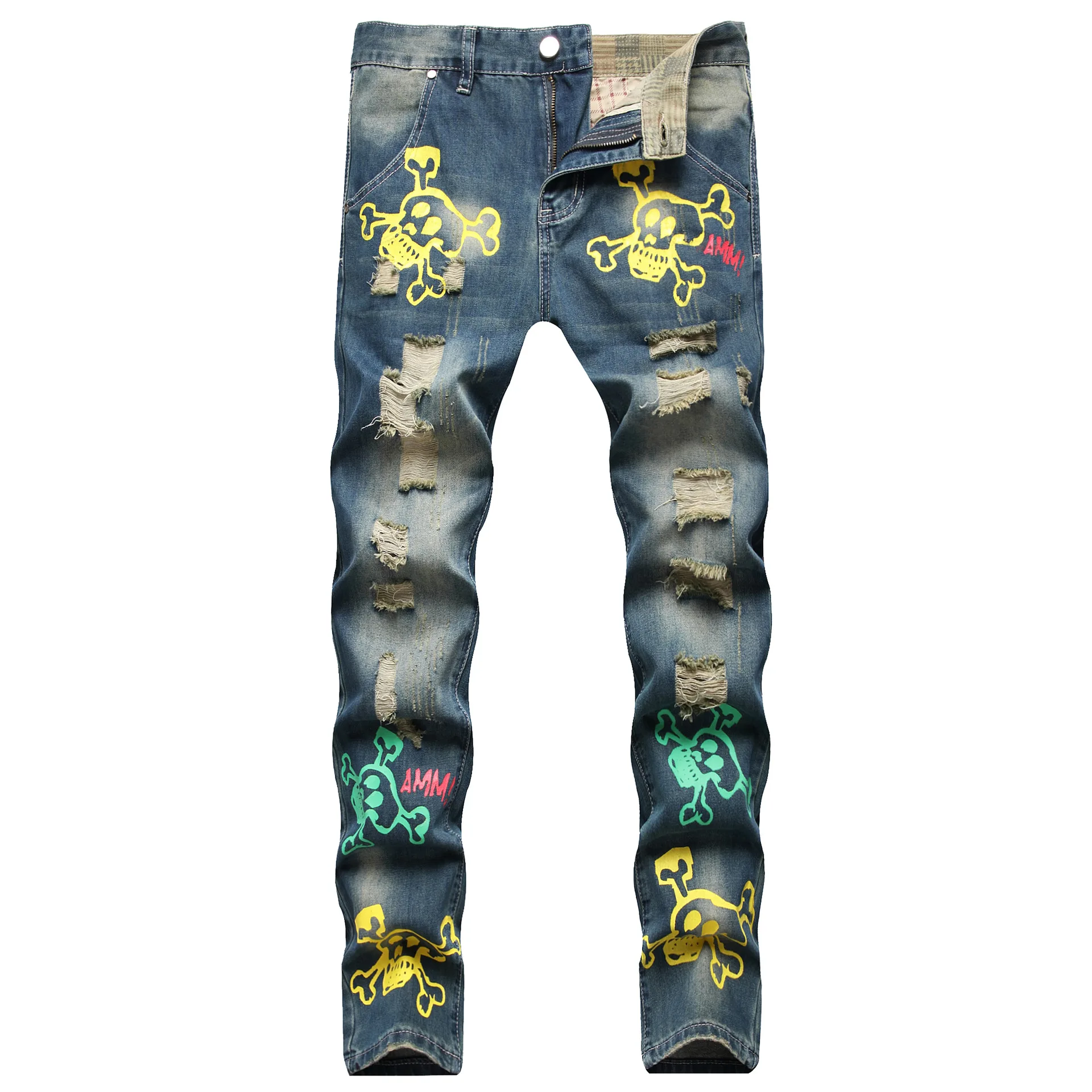 

Mens New Fashion Ripped Beggar Jeans Vintage Skull Printed Mannen Jeans Slim Fit Stretch Man Casual Hole Denim Pants Ropa Hombre