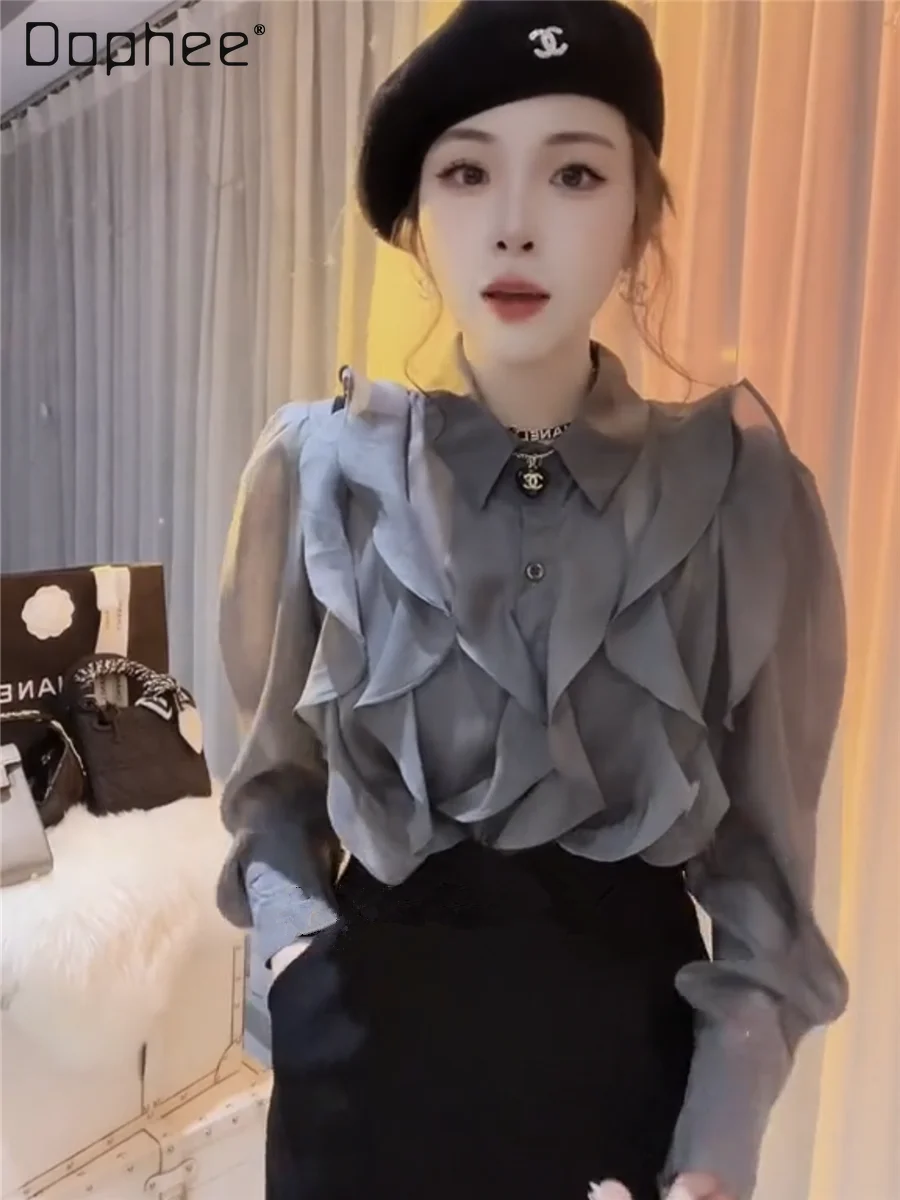 

New Spring Clothes for Women Polo Collar Ruffled Long Sleeve Shirt High-Grade Temperament Woman's Solid Color Polo Collar Tops