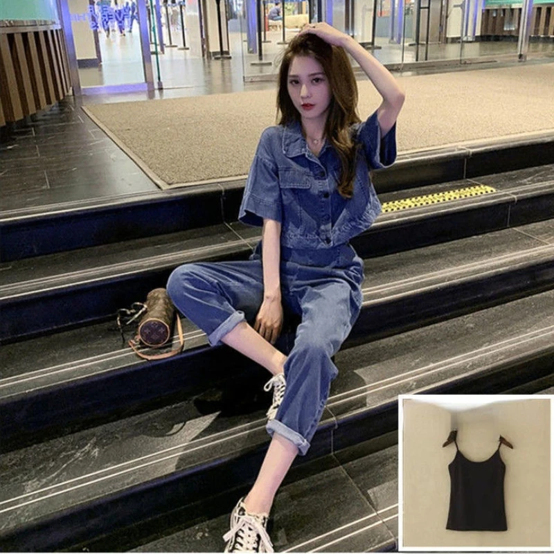 

Summer New Woman Two Piece Sets Female Fashion Short Sleeve Denim Coats Suits and Pant Suits Ladies Two Pieces Outfit Suits A64