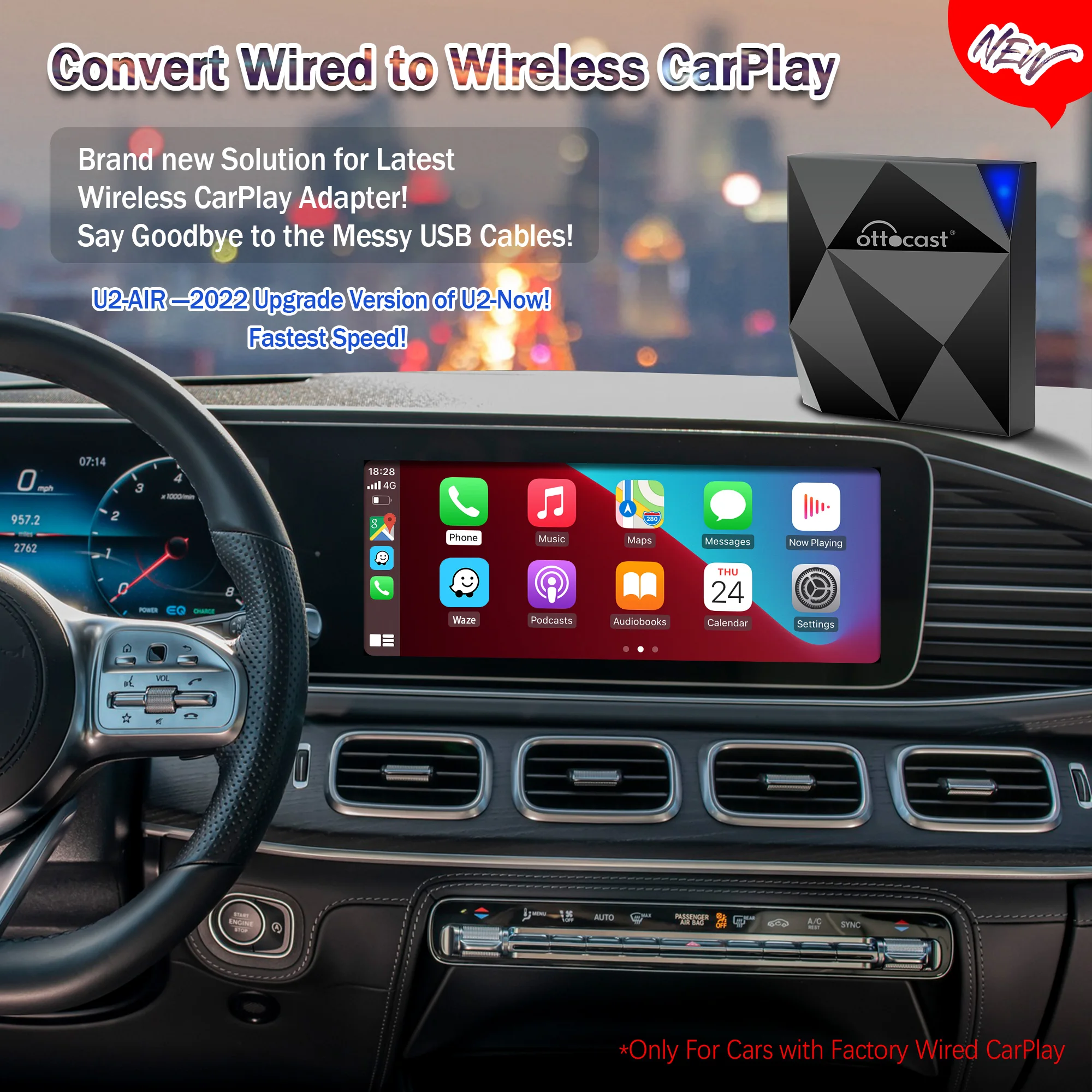 OTTOCAST U2 Air беспроводной адаптер CarPlay активатор ключа Bluetooth USB мультимедийный плеер