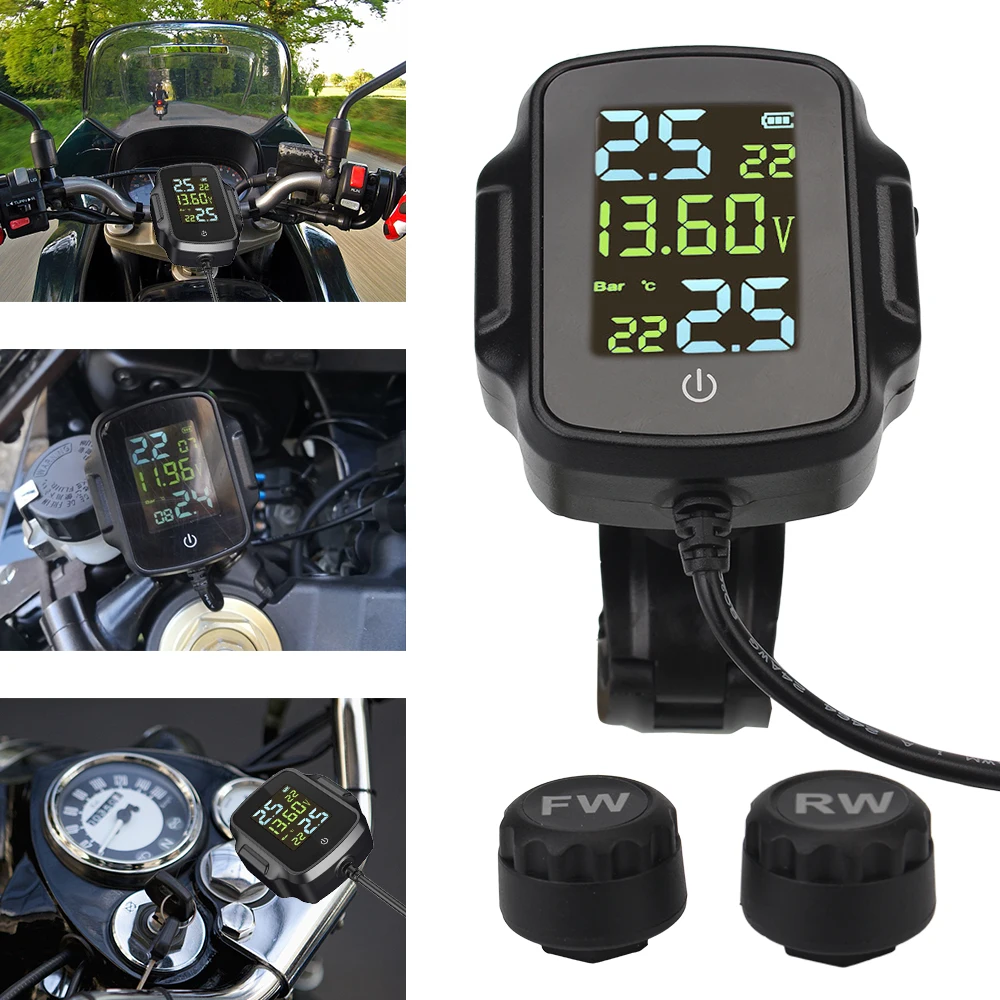 

Motorcycle TPMS Tyre Temperature Alarm System for Phone Tablet With 2 External Sensors with QC 3.0 USB Charger
