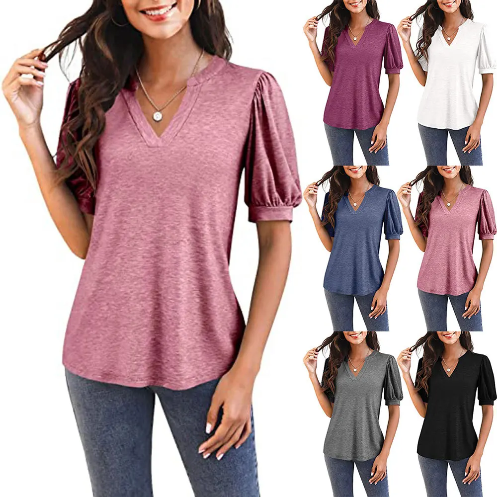 

Summer Casual V Neck T-shirt Women's Top Solid Color Puff Sleeve Loose Streewear Pullover Blouse Woman Fashion Tshirt New Design