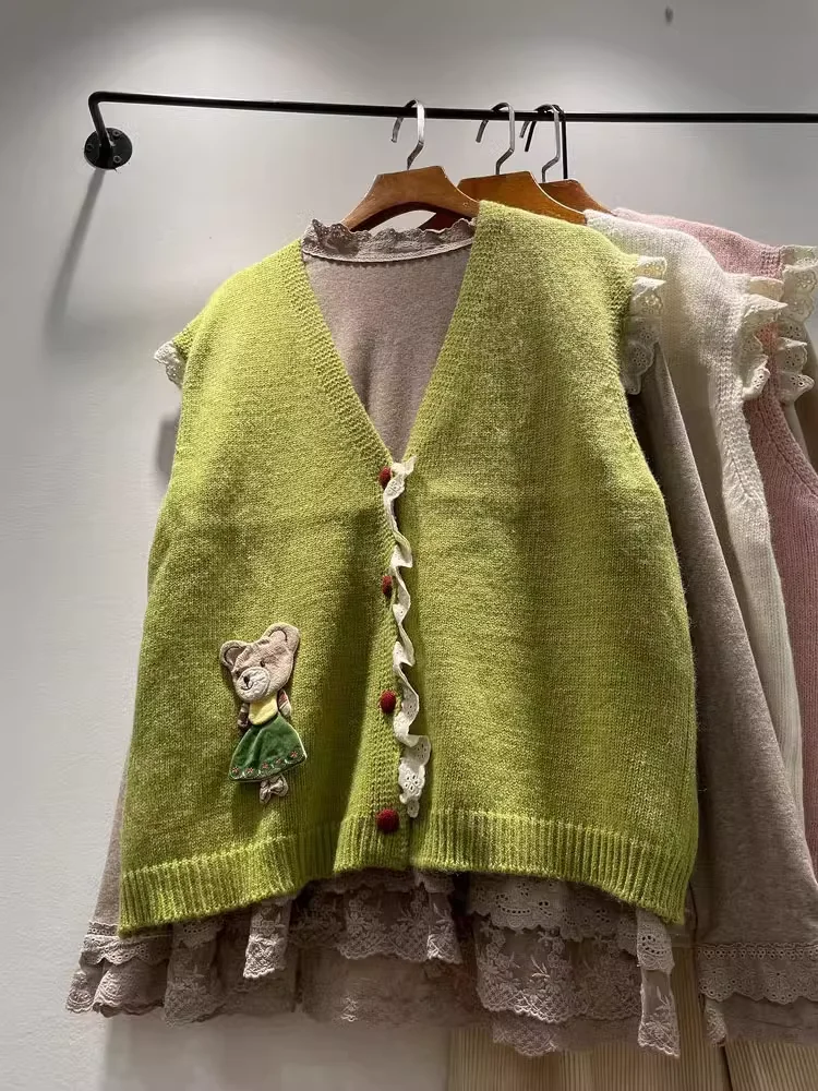 Mori Girl Япония модный кружевной лоскутный вязаный свитер жилет женский осенний