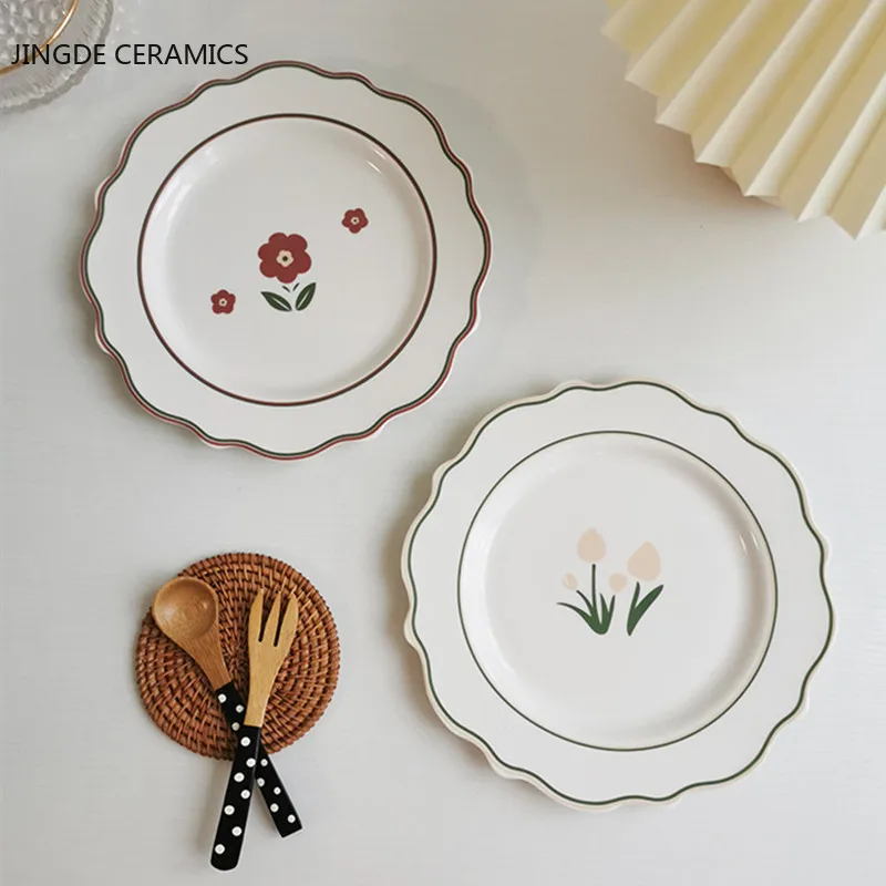 

1PC Originality Ceramics Plate Salad Dish Seasoning Dish Home Fruit Plate Flower Pattern Dessert Dish Kitchen Ceramics Tableware