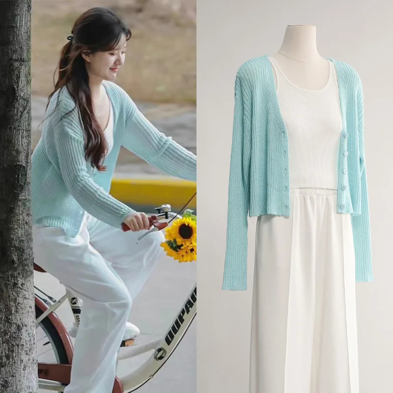 

Spring Women Cardigans Single Breasted Knitwears V-neck Solid Knitted Sweater Slim Female Blue Cardigans Casual Outerwear Coats