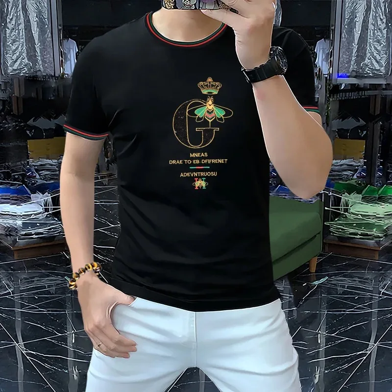 

New Bee Embroidery Sequin Short Sleeve T-shirt Men's Ice Silk Short Sleeve Round Neck Shirt Comfortable And Breathable tees