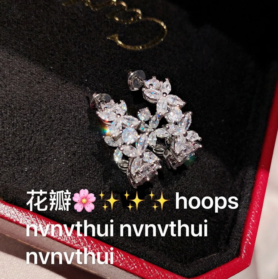 

Fupo Horse Eye Zircon High Carbon Diamond Petal Type 925 Sterling Silver Earring/Pin Female Starry Water Drop Ear Ring Hoops