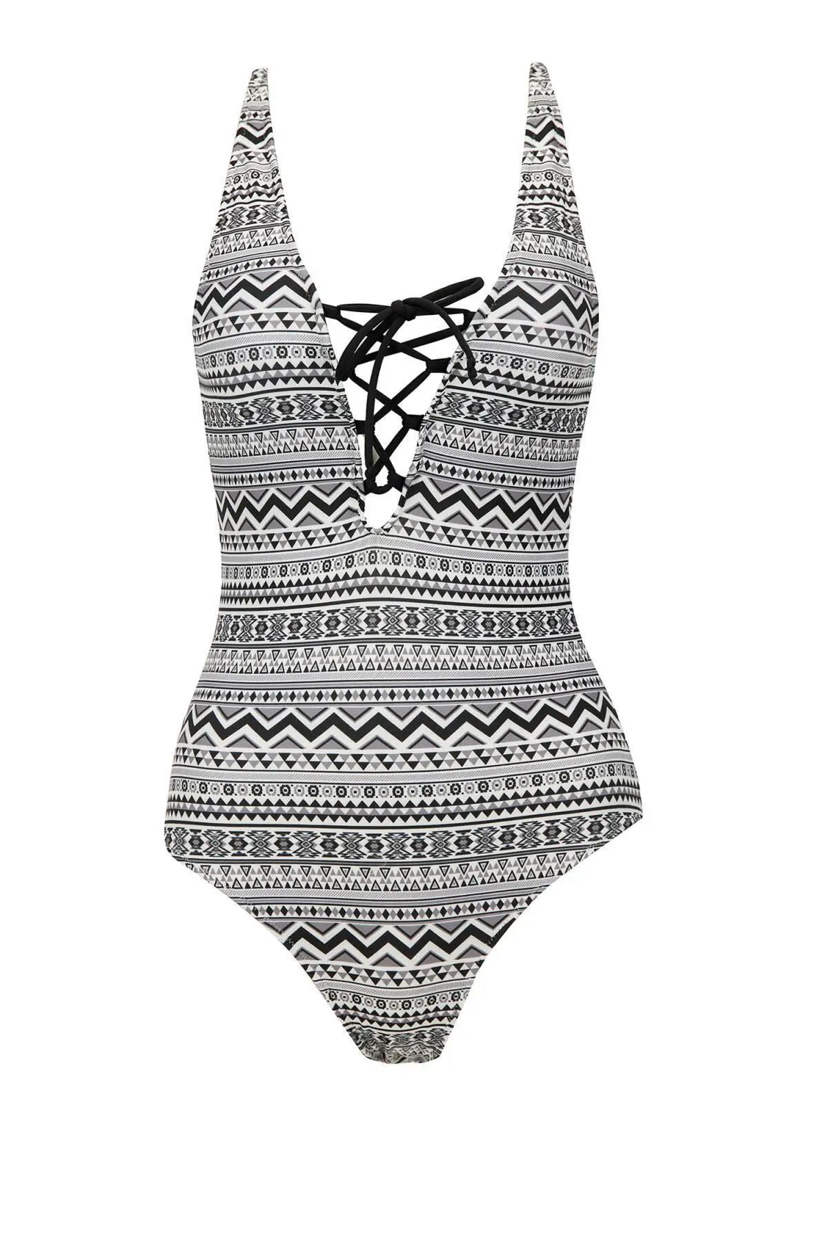 

Women's Swimsuit Black Ethnic pattern Lace Detailed One Piece Swimwear Female Push Up Suit Monokini Brazilian Swimming Suits