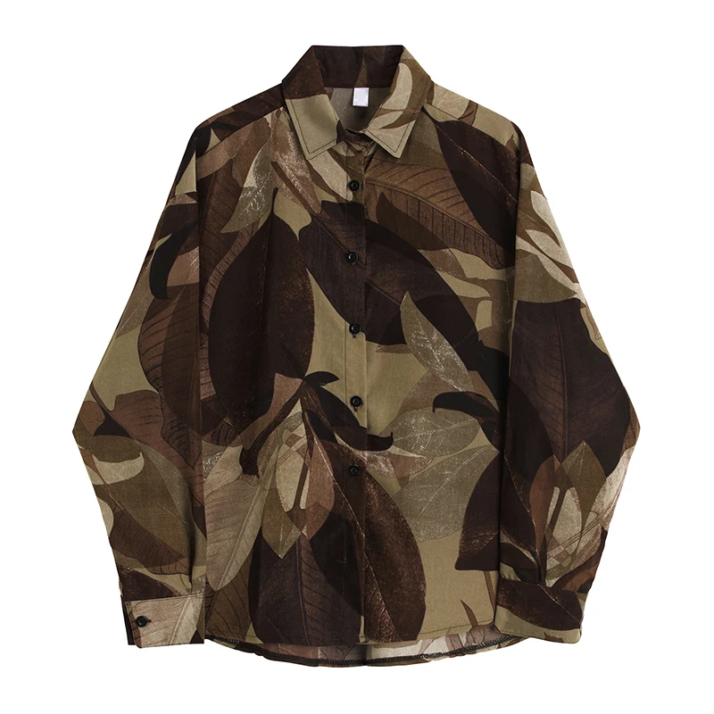 

Retro Hong Kong Style Sunscreen Shirt Women's Spring New Loose Design Leaf Print Blouse Neutral Long-sleeved Top Cardigan Female