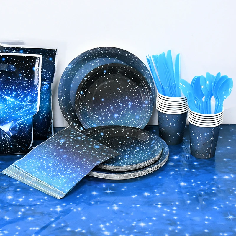 

Столовая посуда со звездным небом, скатерть на день рождения с галактикой, бумажная тарелка, Подарочный пакет, одноразовая посуда, товары для космоса и планеты