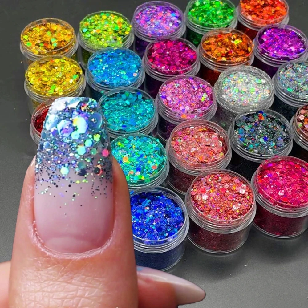 

24colors Nail Art Decorations Powders Set 3D Glitter Holographic Round Hexagon Design Nail Sequins DIY Nail Accessories Supplies
