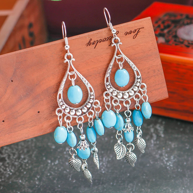 

Ethnic Vintage Silver Multiple Leaves Drop Earrings for Women Bohemian Tassel Beads Dangle Earrings Girls Party Holiday Gifts