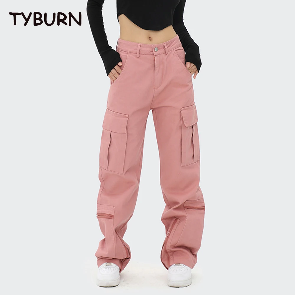 

Брюки TYBURN женские с карманами и молнией, модная рабочая одежда в японском стиле Харадзюку, штаны унисекс с широкими штанинами, розовые