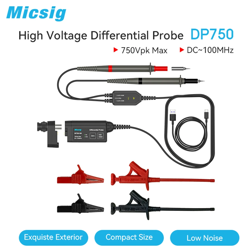 

Micsig Oscilloscope High Voltage Differential Probe Kit DP750-100 DC 5V USB powered 100MHz Bandwidth Less 3.5ns Rise time