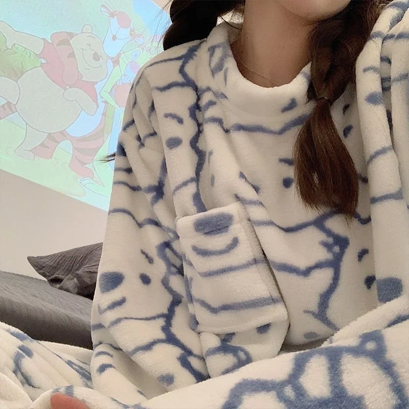 

Flannel Pajamas Set Pajamas Autumn Winter Warm Cartoon Bear Print Flannel Women Pyjamas Sets Thick Coral Velvet Long Sleeve