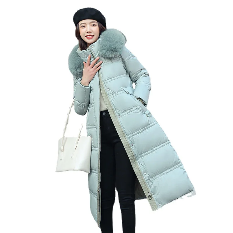 Cotton-padded Jacket Women's Long Hair Neck Hood Slim Coat Winter Coat Temperament Knee Padded Jacket Parkas Coats Warmer