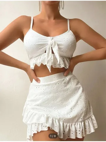 2023 Solid Bikini Set Sexy High Waist Mesh Beach Style Swimwear Women Three-piece Flounce Summer Swimsuit Biquini Bathing Suit