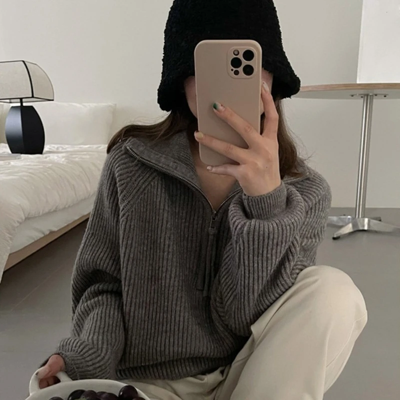 

Womens Wide Sweater Zipper Front Long Sleeve Stand Collar Knitted Pullover Tops Long Knitted Lady Sweater Muiltcolor