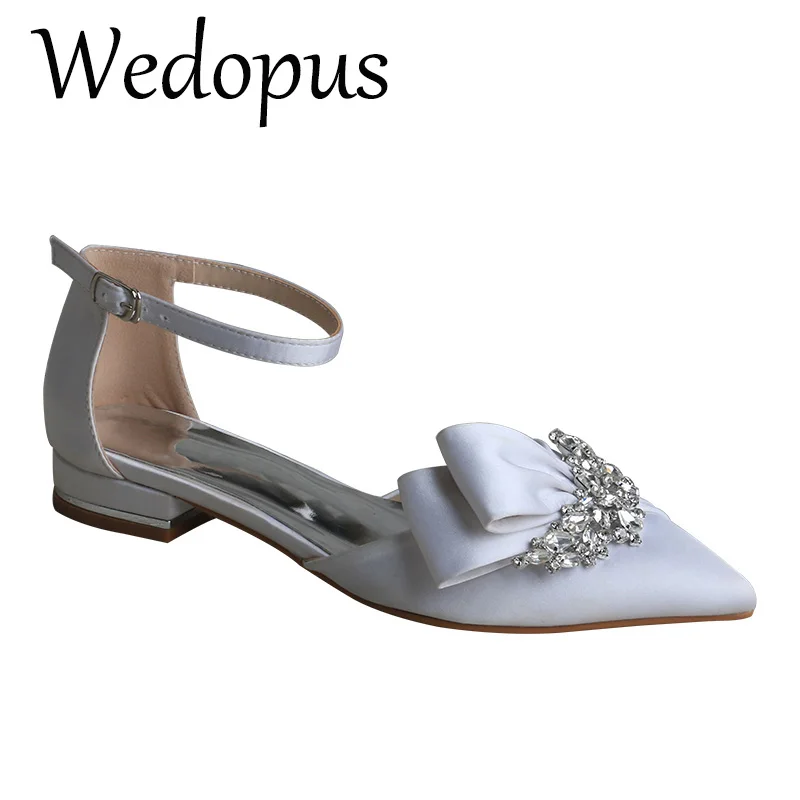

Wedopus Customized Casual Flat White Wedding Shoes for a Bride with Diamond Brooch
