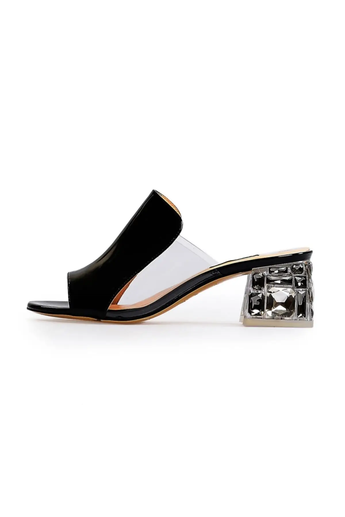 

Black transparent stone detailed heels slippers