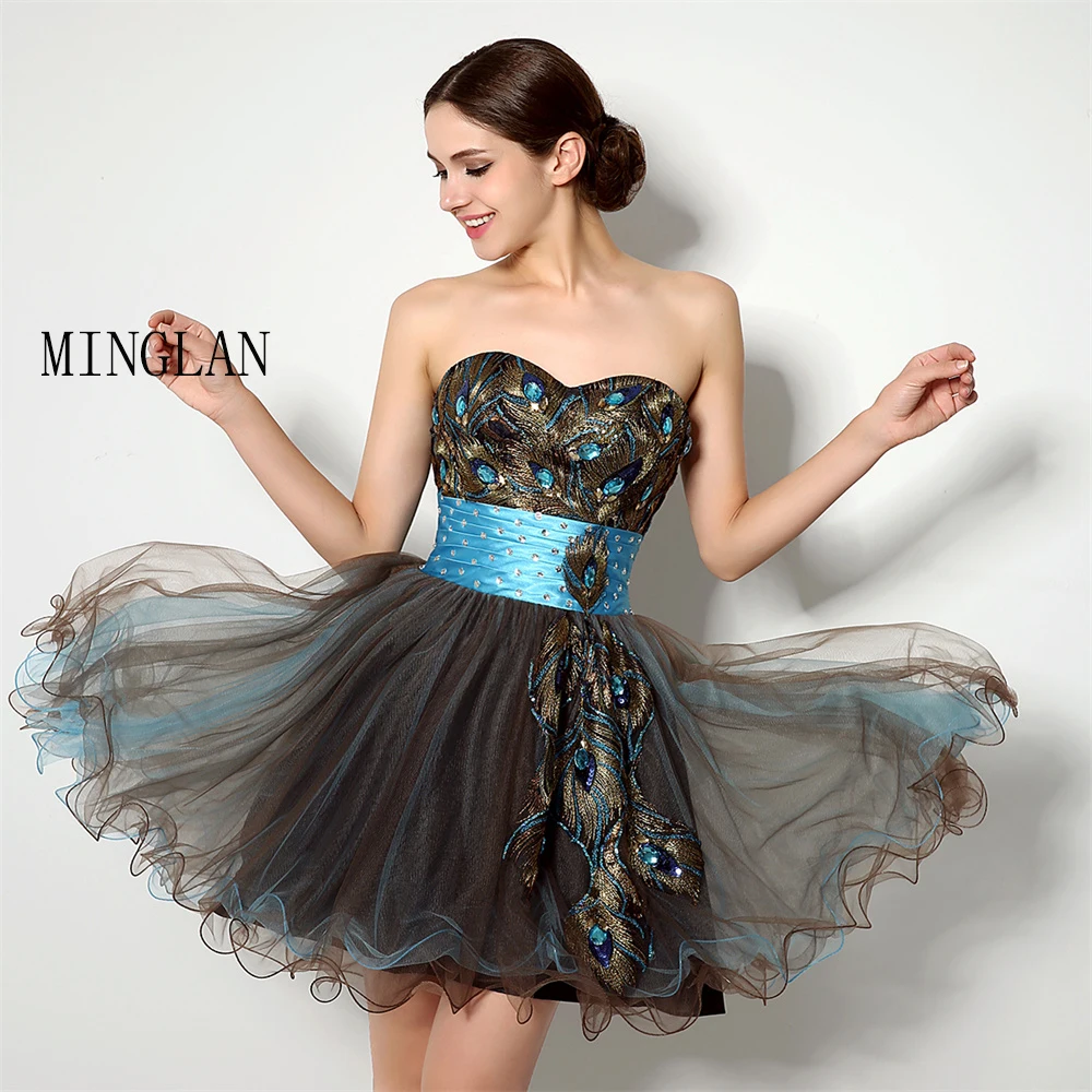 

MINGLAN Fashion Sweetheart Sleeveless Peacock Pattern Short Prom Dresses Tulle Mini Length Pleat Beading Appliques Evening Gowns