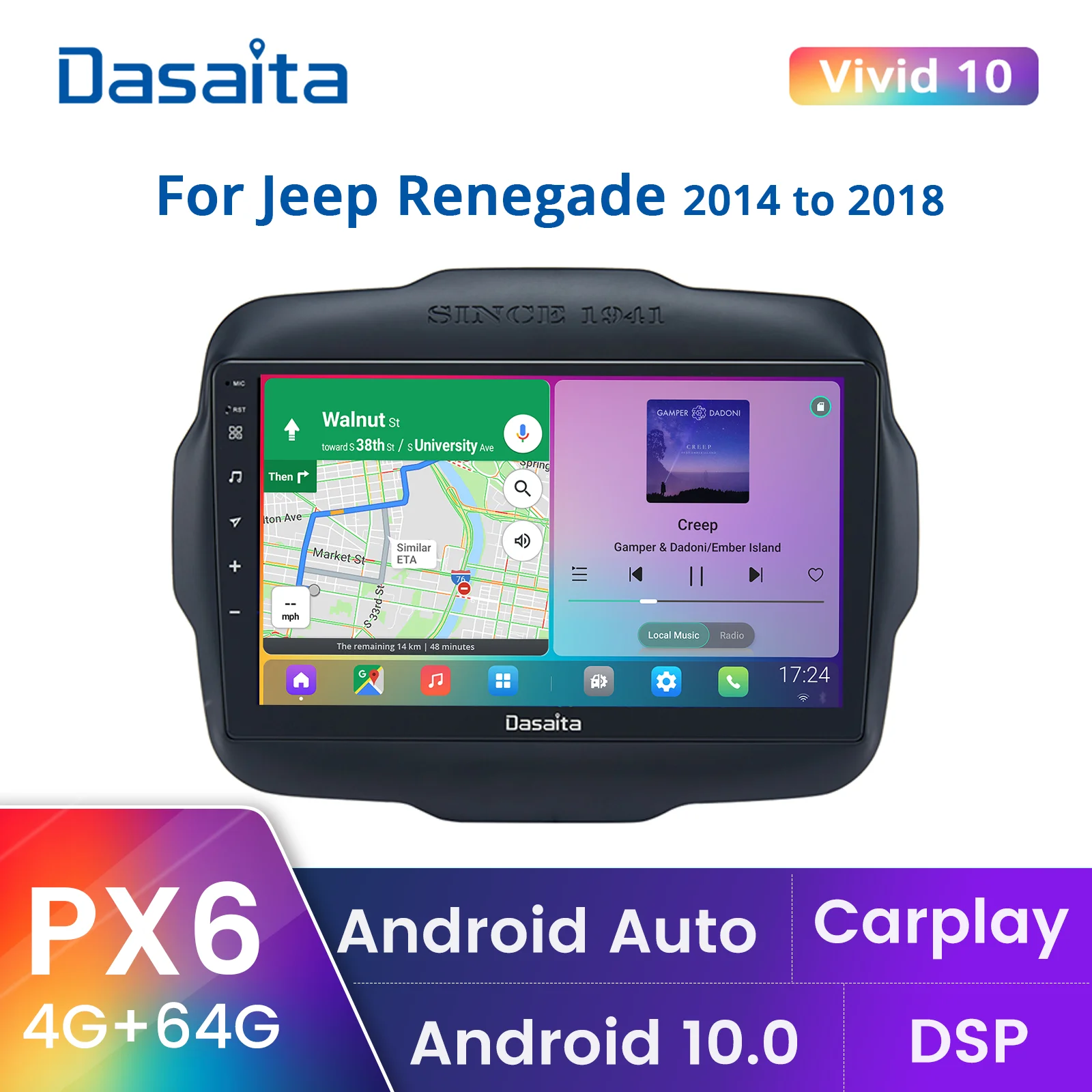 

Автомагнитола Dasaita для Jeep Renegade, мультимедийный проигрыватель на Android 11, с 9 "экраном IPS, с GPS Навигатором, для Jeep Renegade 2014-2018, Типоразмер 1 Din