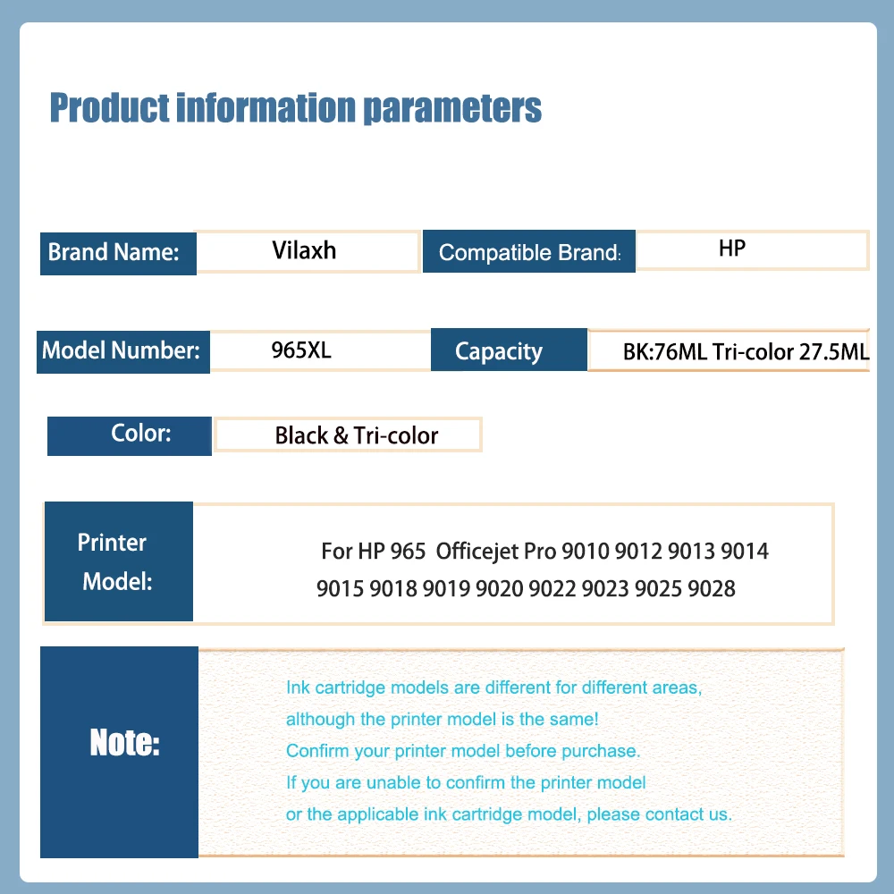 Совместимый чернильный картридж Vilaxh 965XL для HP 965 Officejet Pro 9010 9012 9013 9014 9015 9018 9019 9020 9022