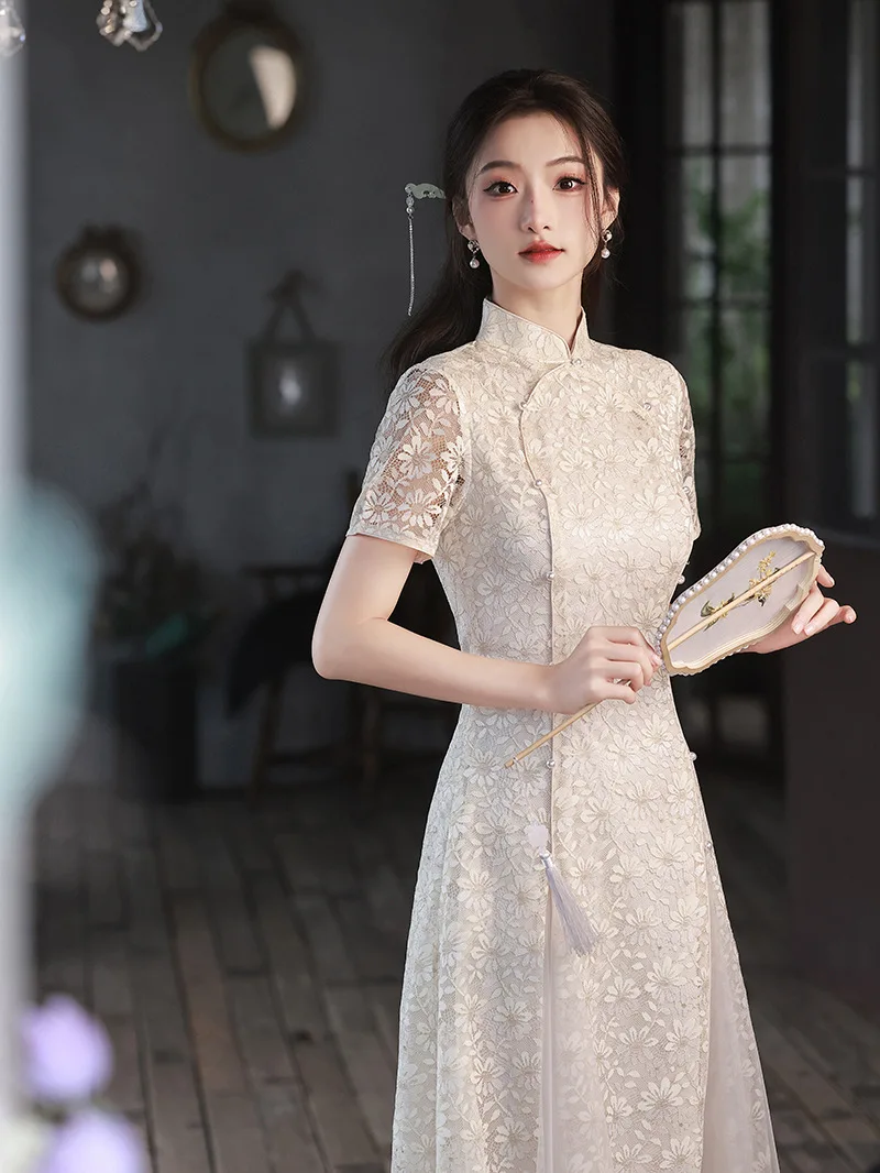 Summer Vintage Mandarin Collar Cheongsam Short Sleeve Dress Traditional Costumes Elegant Qipao