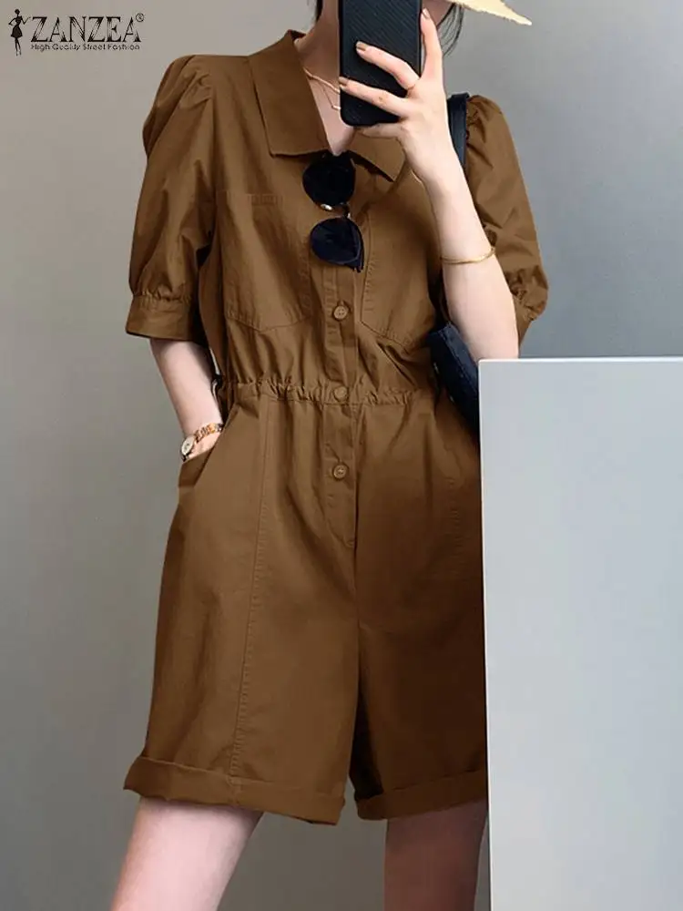 

Summer Short Sleeve Women Jumpsuits 2023 ZANZEA Lapel Neck Lace Up Romper Oversized Casual Lady Solid Loose Overalls Streetwears