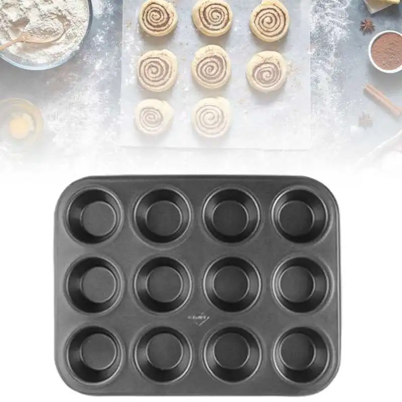 

12 кастрюль для кексов из углеродистой стали, быстрая теплопередача, устойчивая к коррозии, форма для выпечки, Черная