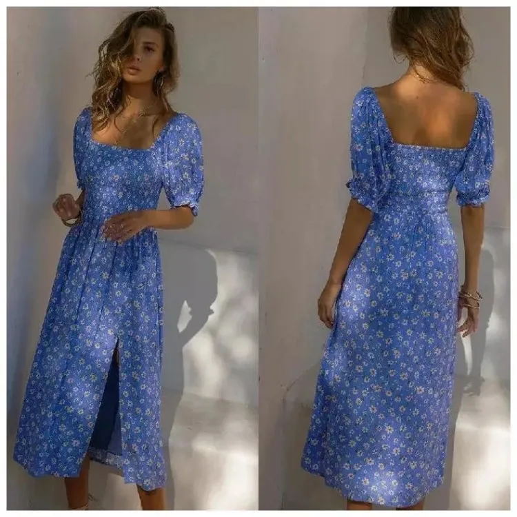 

Женский сарафан с открытой спиной, Элегантное синее платье с цветочным принтом и разрезом, Пляжное Платье для вечеринки, лето 2022