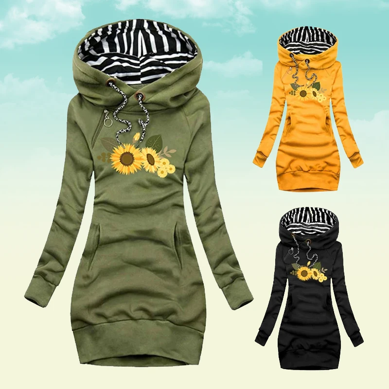 

2022 Autumn Women Hoodie Pullover Long Sleeve Dress Striped Flower Print Hooded Tops Drawstring Sweatshirts Slim Casual