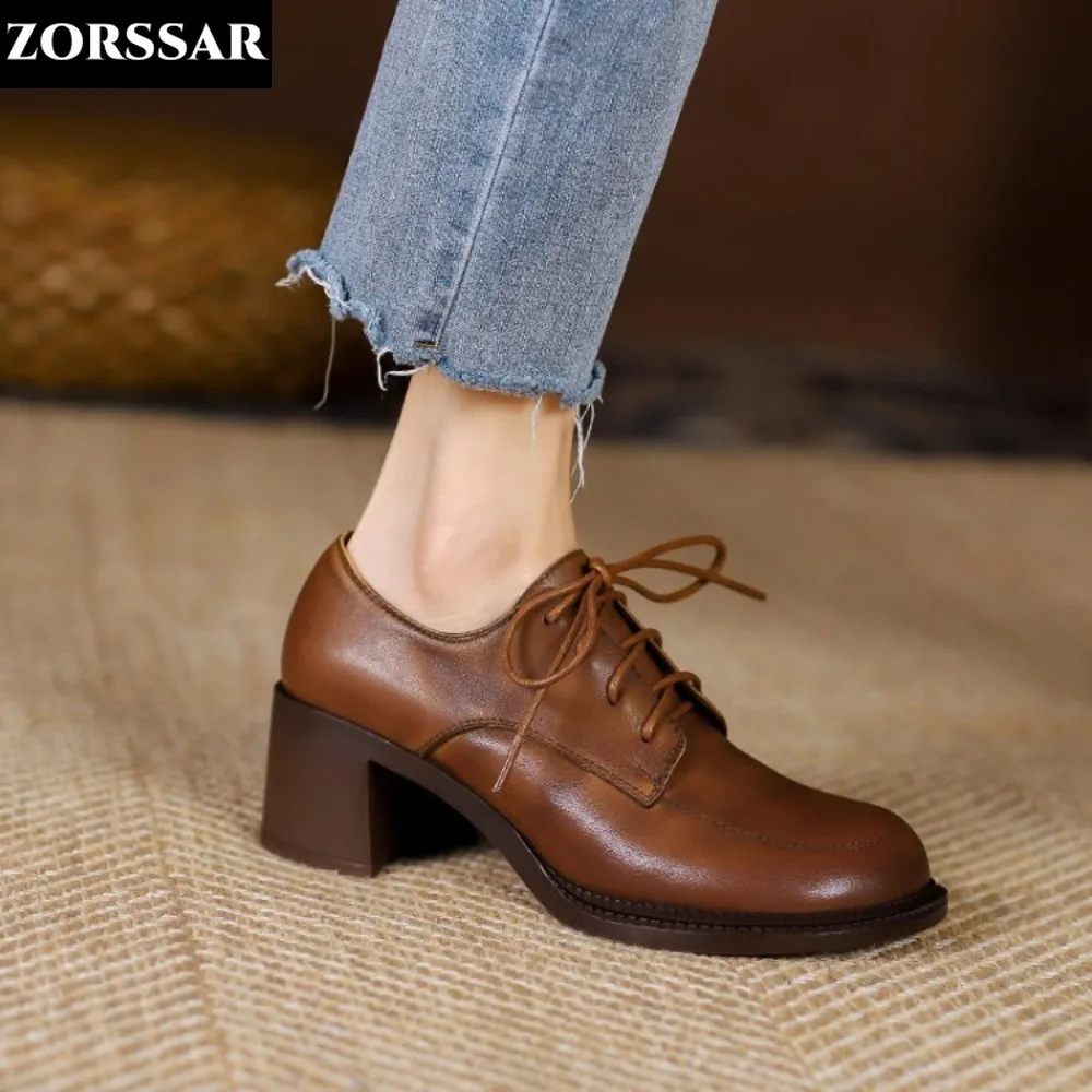 Британские женские оксфорды туфли-лодочки на высоком блочном каблуке коричневые