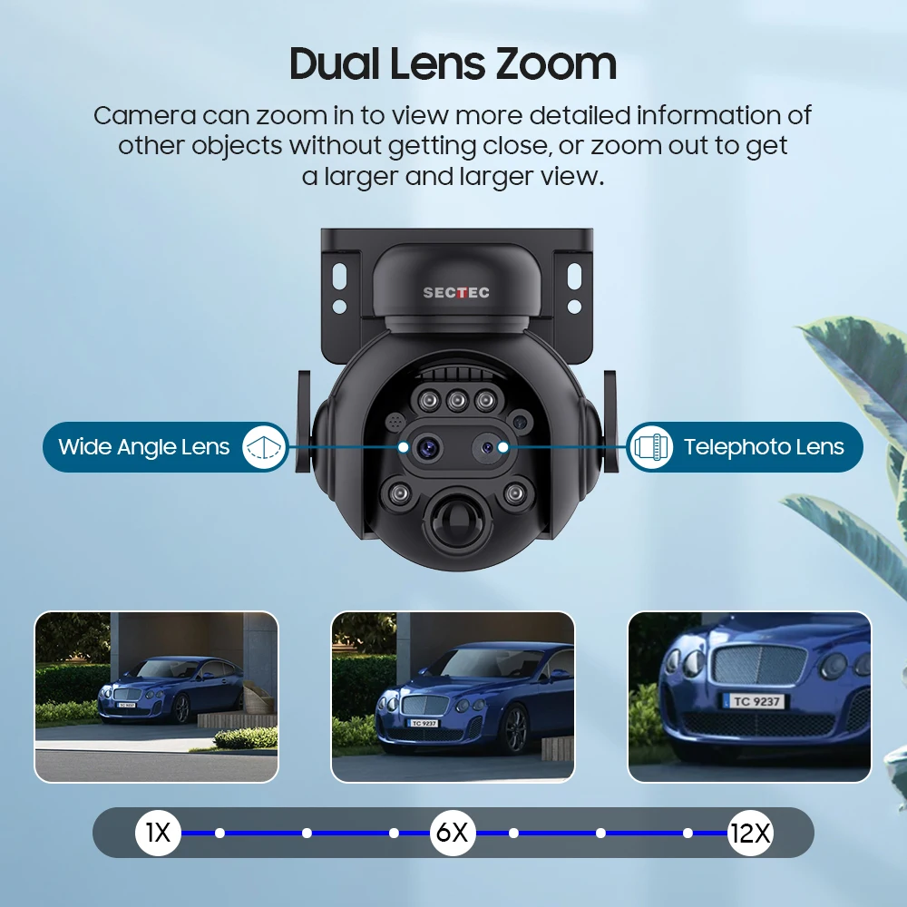 SECTEC 4K 8MP 12X Zoom 4G Солнечные камеры видеонаблюдения Беспроводные уличные 360° ° Вид PIR