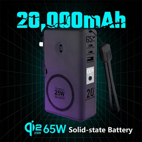 Твердотельный аккумулятор Power Bank 20000 мАч, 65 Вт, быстрая зарядка для ноутбука, беспроводное зарядное устройство Qi 25 Вт для зарядного устройства Magsafe для Apple Watch