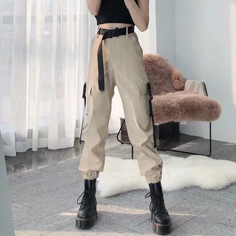 

2023 Fashion Women Self Belted Elastic Waist Cargo Pants Female Loose Black Streetwear Pants Casual Korean Style Sweatpants