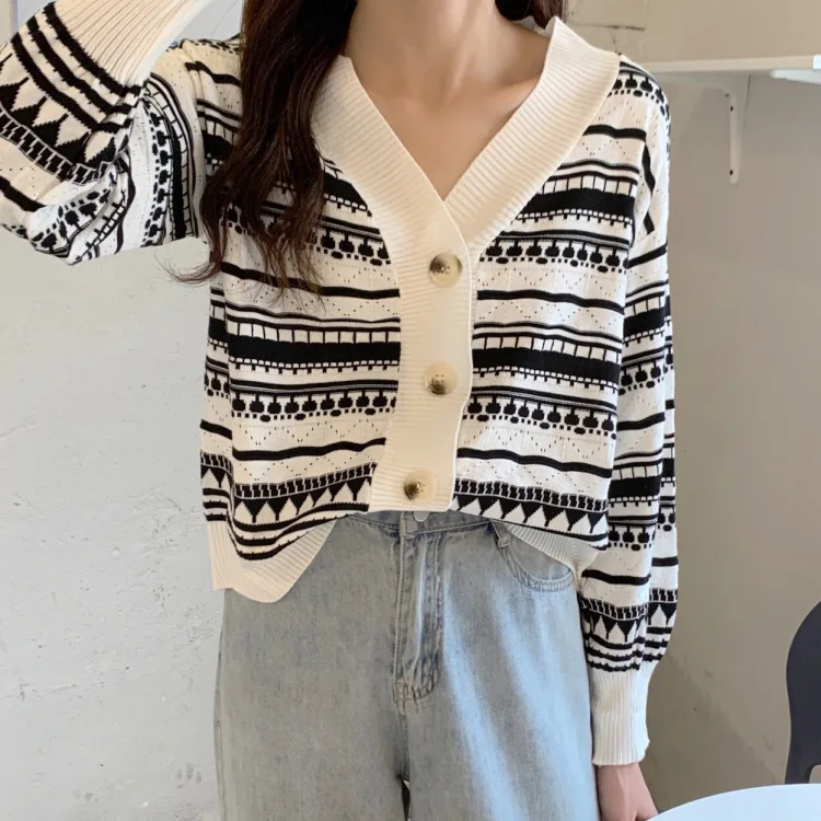 

Loose Wild Long-sleeved Knit Sweater Cardigan Jacket Female Trend 2021 Autumn and Winter New Retro Striped Hollow Loose Jacket