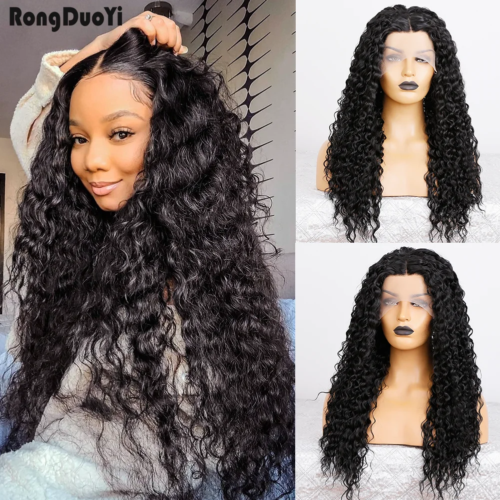 

RONGDUOYI Synthetic Lace Front Wig Black Kinky Curly Wigs for Women Long High Temperature Fiber Wig Daily Used Lace Wigs