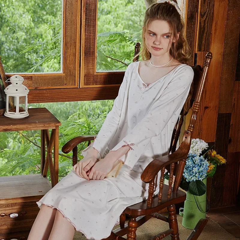 Длинная Ночная рубашка с принтом винтажная свободная хлопковая ночная одежда