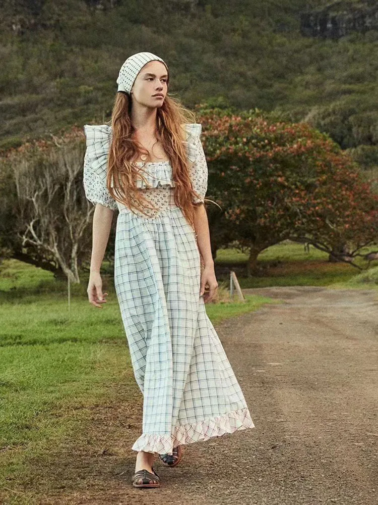 

2022 льняное, с круглым вырезом, с цветочным принтом, в пасторальном стиле, с оборками