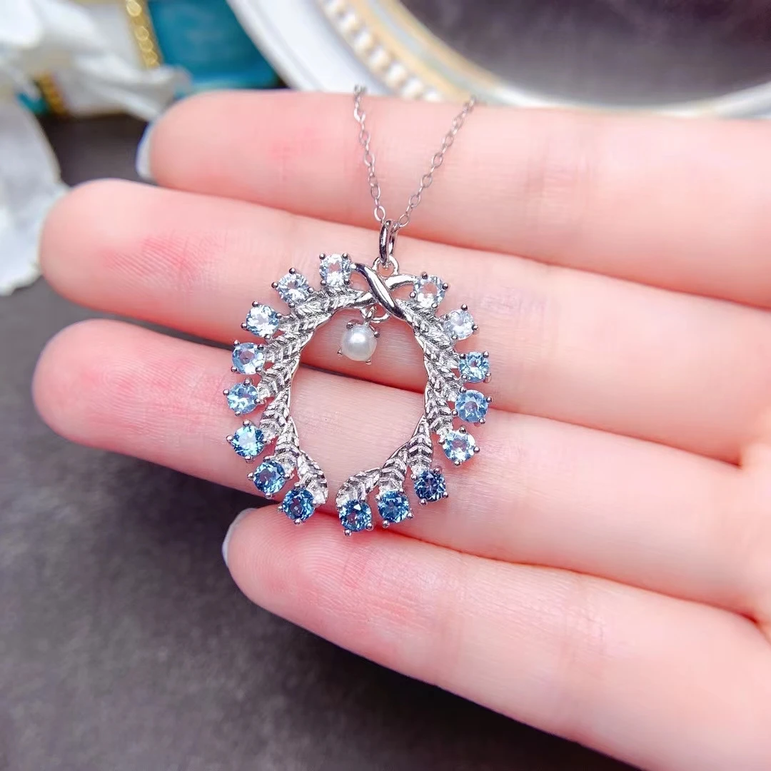 

MeiBaPJ Natural Gradient Blue Topaz/Tourmaline Gemstone Fashion Pendant Necklace 925 Pure Silver Fine Jewelry for Women
