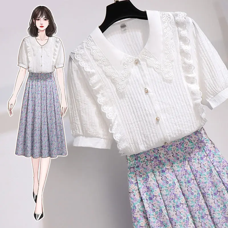

Women 2022 Summer Elegant Set Female Short-sleeved Blouse Top +floral Print High-waist Pleated Skirt Two-piece Clothing Suit N76