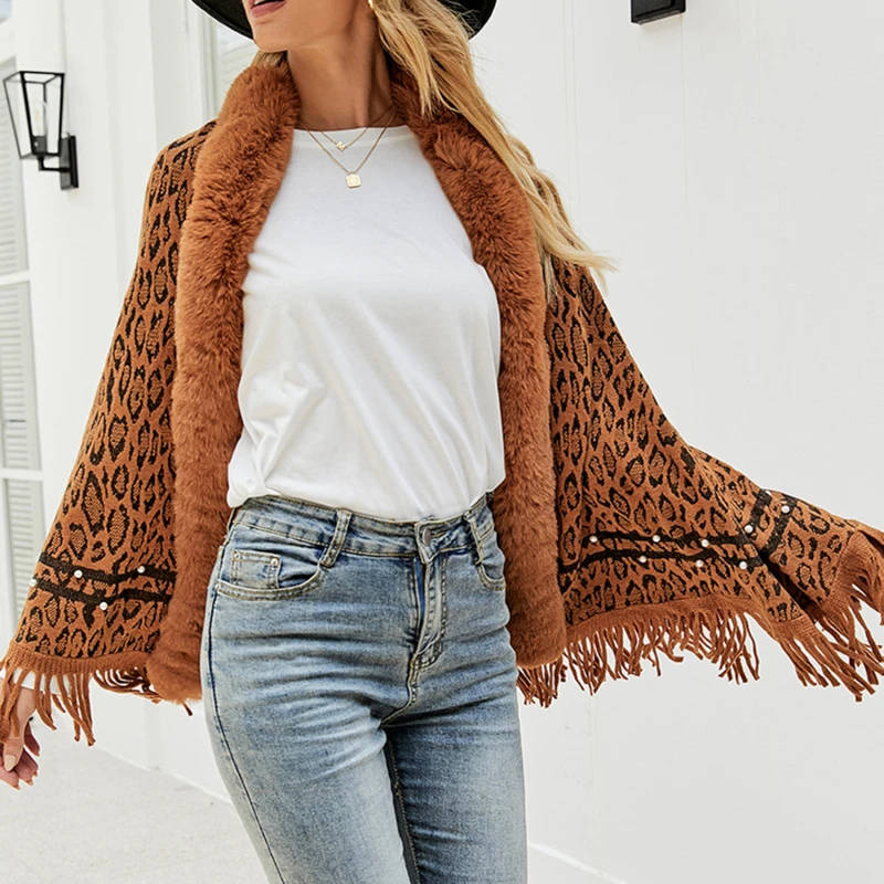 

Women Shawl Cloak Solid Fur Collar Fringe Batwing Sleeve Knitted Leopard Print Loose Cardigan Poncho Winter Ladies Coat