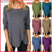 round neck long sleeve women t shirt solid color loose casual tops button oversized cotton tees aesthetic irregular pullover