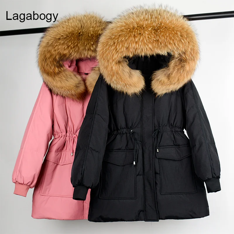 2021 Big Real Raccoon Fur Winter Women Hooded Down Jacket Female Warm Thick Loose Parkas White Duck Down Coat Outerwear